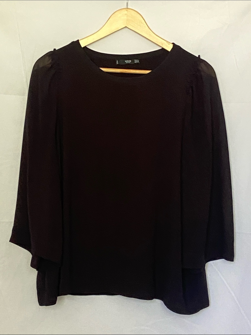 Mango Black Long-Sleeve Sheer-Detail Blouse